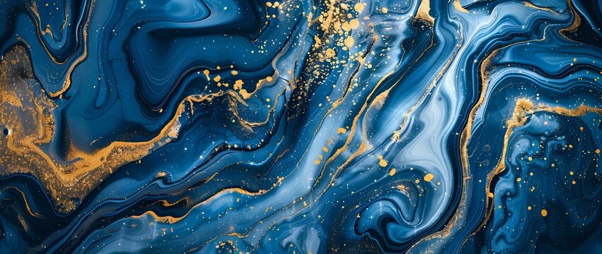 Luxury Marbled blue and golden abstract background. Liquid marble ink pattern. abstract background with blue, yellow and white paint mixing in water