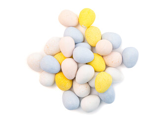 Mini Multicolored Candy Coated Chocolate Easter Eggs Isolated on a White Background