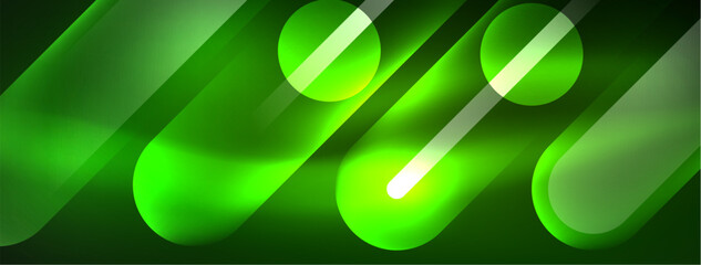 Abstract design pulsates with neon glowing light effects, casting an entrancing glow in the darkness, captivating the eye with its vibrant energy. Glass circles neon glowing light effects
