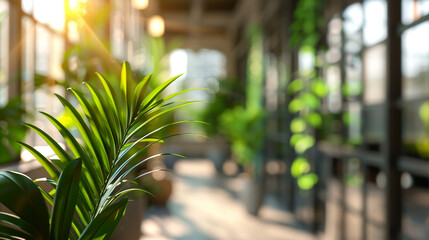 Blurred background of a sustainable office space with ample natural light and a backdrop of green trees photograph, tree forest in the morning, palm tree leaves, glass of water on the table, wooden br - obrazy, fototapety, plakaty