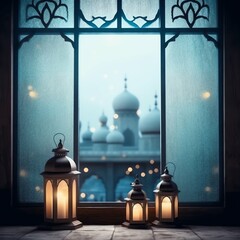 Obraz premium Eid mubarak and ramadan kareem greetings with islamic lantern and mosque. Eid al fitr background