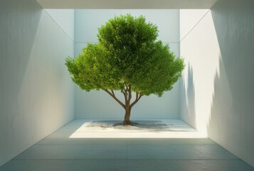 Green tree in a white room. 3d rendering, mock up