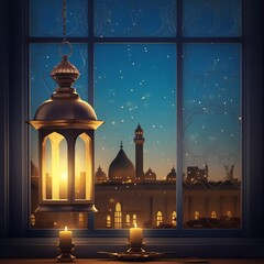 Fototapeta premium Eid mubarak and ramadan kareem greetings with islamic lantern and mosque. Eid al fitr background