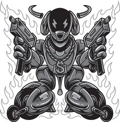 Armed Robot Dog Black and White Illustration