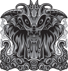Mutant Octopus Monster Black and White Illustration