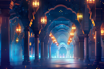 Ramadan Kareem with serene mosque and moon background with beautiful glowing lantern