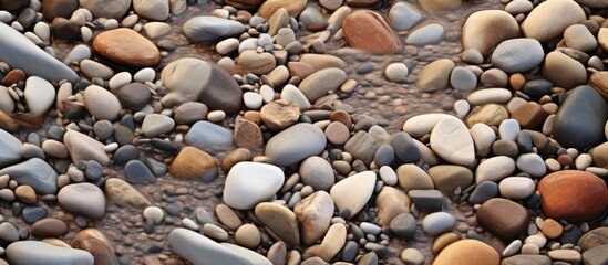 A heap of bedrock rocks scattered on the sandy beach, forming a natural landscape art installation. These rocks can be used as building material or decorative cobblestone in landscaping projects