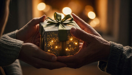 Hands of two people handing each other a nice Christmas gift. Concept of Christmas Eve, gift giving.