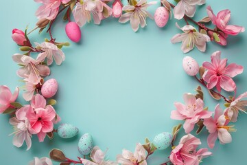 Pastel pink and blue background with Easter eggs and pink flowers creating a circle frame for copy space