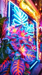 A vibrant scene with neon signs and colorful illuminated leaves giving a tropical nightlife vibe
