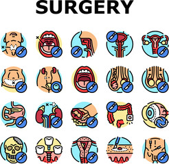 surgery health medical skin icons set vector. beauty surgical, disease treatment, pharmacy breast, face cosmetic, surgeon, stroke surgery health medical skin color line illustrations