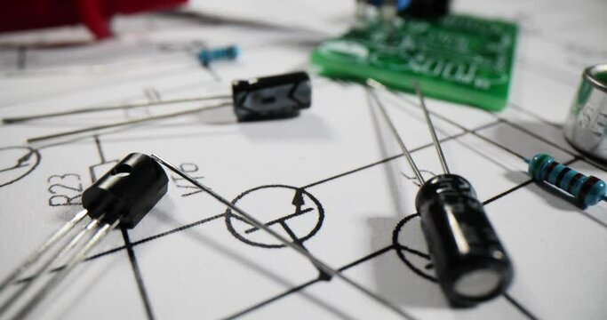 Diodes scattered on paper electrical scheme in workshop