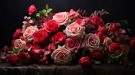 A bouquet of red and pink roses on black
