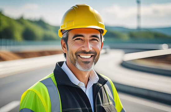 Portrait of successful middle age Asian man civil engineer on blurred background of the new motorway, looking at camera. Confident manager wearing yellow helmet and safety vest.