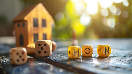 stay home letters on a dice near wooden toy house, generative ai - obrazy, fototapety, plakaty