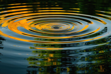 the repetitive patterns of ripples on the surface of a tranquil lake, with each ripple reflecting the surrounding landscape