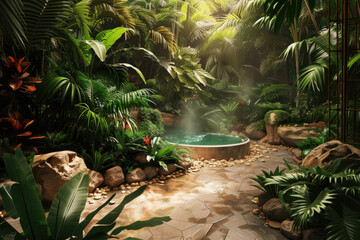 a lush tropical garden, with a pathway leading to a secluded outdoor spa area complete with bubbling hot springs. - obrazy, fototapety, plakaty