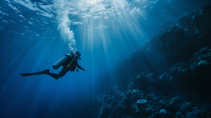 unusual photo diver underwater background, generative ai - obrazy, fototapety, plakaty