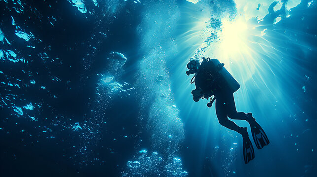 unusual photo diver underwater background, generative ai