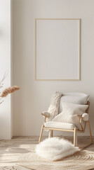 Modern indoor design concept,trendy nursery kids room interier with a blank frame on the wall