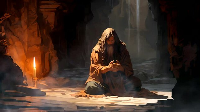 A old man hermit meditation at the entrance of a hidden cave. Fantasy landscape anime or cartoon style, looping 4k video animation background