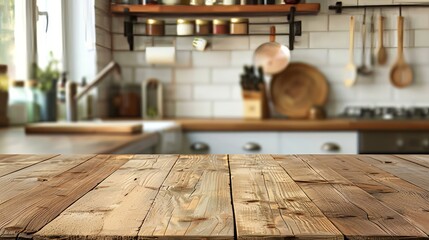 Wooden Table with Blur Kitchen Background - obrazy, fototapety, plakaty