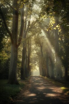 A small road with tall plane trees on both sides, dark green leaves, sunlight shining down.