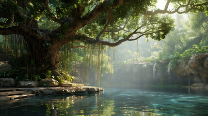 A tropical tree with many vines hanging down from its branches over a still pool of water.
