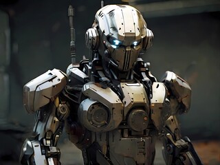 Fototapeta premium Sci-fi mech soldier on black. Military futuristic robot warrior with gray color metal. Danger Cyborg guard illustration