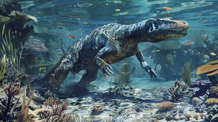 sea dinosaur fossil on the bottom of the sea © Ariestia