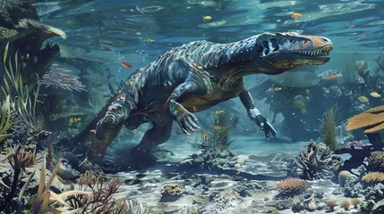 Raamstickers sea dinosaur fossil on the bottom of the sea © Ariestia