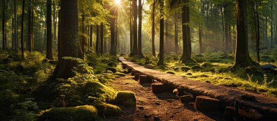 A scenic path winds through a lush forest, dappled sunlight filtering through the dense canopy of trees and casting a golden glow on the woodland floor - obrazy, fototapety, plakaty