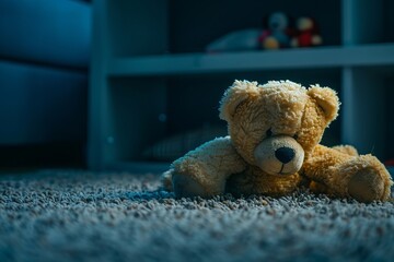 teddy bear laying down on carpet