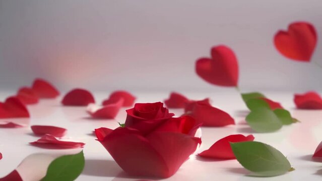 Red rose petals and heart on white background, symbolizing love and beauty in nature