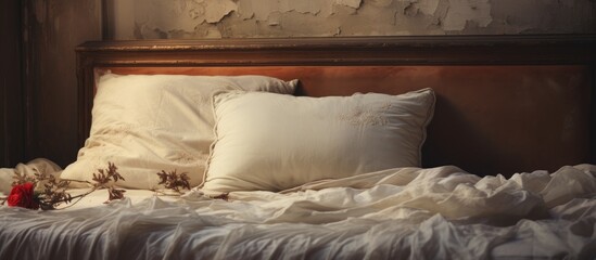 White pillow case on the aged bed.