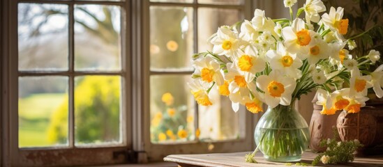 Spring narcissus flowers in a vase inside a country home. - obrazy, fototapety, plakaty