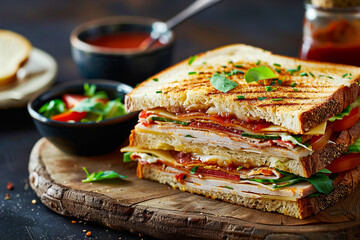 Crisp savory club sandwich in an elegant cinematic shot with deep contrast and sharpness showcasing advertising photography finesse - obrazy, fototapety, plakaty