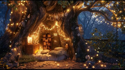 A cozy nook inside a tree illustrated for a fairytale childrens book - obrazy, fototapety, plakaty