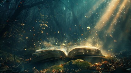 Magical book as the centerpiece of a wide banner its pages a portal to a fairytale world - obrazy, fototapety, plakaty