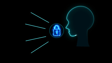a neon blue human head outline with a glowing lock symbol inside, representing concepts like mental privacy or security. Beams of light emanate from the lock, activation or alertness.