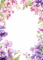 Fototapeta na wymiar watercolor botanical flowers frame background with free space for invite or wedding card template