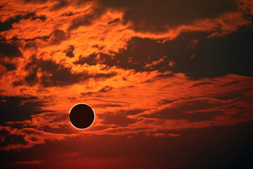 eclipse on the dark red sunset sky and transparent cloud
