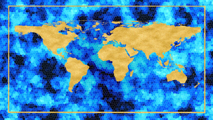 Global world map luxury gold on blue black tone mosiac background and golden border