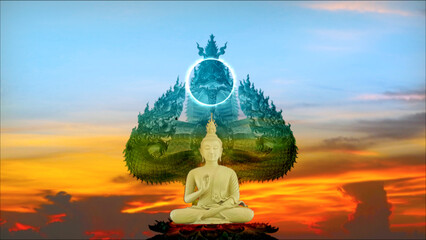gold buddha protected by the hood of the mythical king naga negative colorwith sunset sky - obrazy, fototapety, plakaty