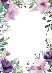 watercolor botanical flowers frame background with free space for invite or wedding card template