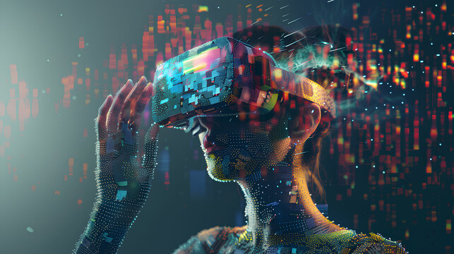 A woman explores a virtual landscape, wearing a VR headset with a reflective lens, deeply engaged in the vibrant, interactive experience.	