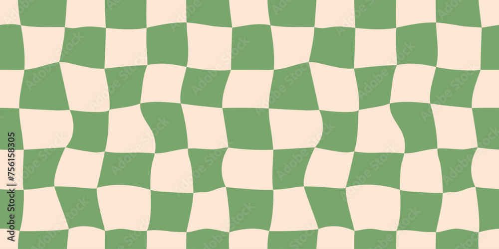 Poster Seamless green checkerboard pattern. Repeating distorted checkered texture. Groovy trippy abstract background. Vintage retro style wallpaper for textile, fabric, wrapping paper. Vector check surface