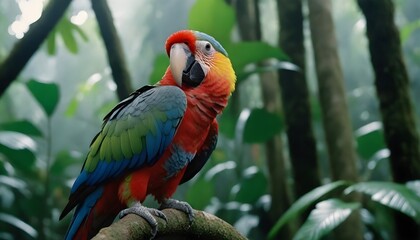 Obraz premium A colorful macaw perched on a branch in a dense forest environment