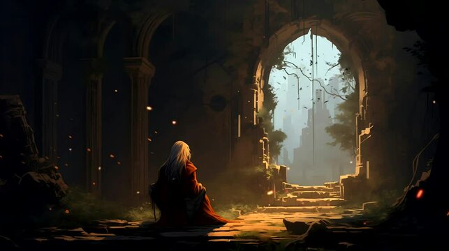 A hermit engaged in silent contemplation within the ruins of an ancient temple. Fantasy landscape anime or cartoon style, looping 4k video animation background