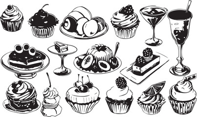 Black silhouettes Vector sketchy set sweet food on white background